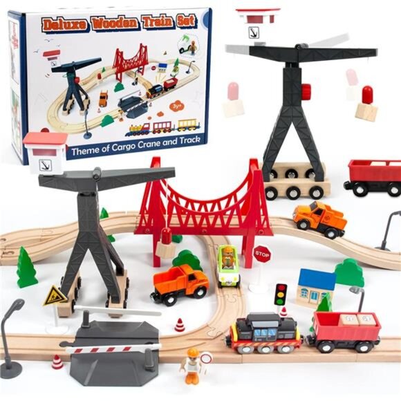 Wooden Train Set, 56-Piece Deluxe Kids Toy Train Set for 2 3 4 5 Year - Picture 1 of 7